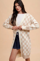 Annie Wear Latte Checkered & Striped Open Front Long Sleeve Cardigan