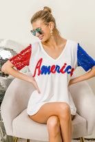 BiBi Metallic Letter America V-neck Sequin Sleeves Top