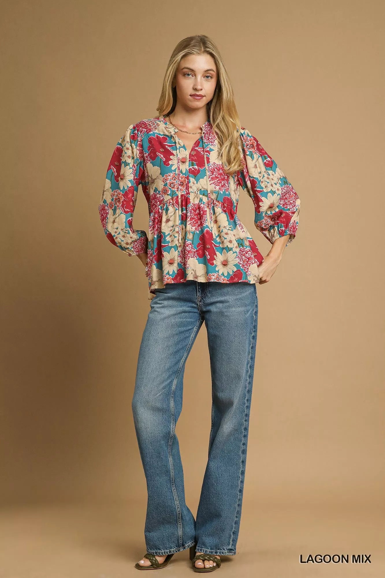 Umgee Lagoon Mix Floral Peplum Blouse with Tie Neck