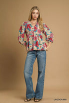 Umgee Lagoon Mix Floral Peplum Blouse with Tie Neck