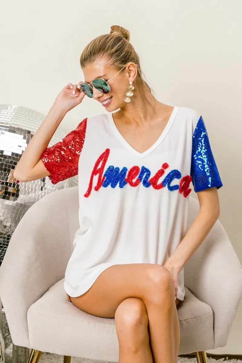 BiBi Metallic Letter America V-neck Sequin Sleeves Top