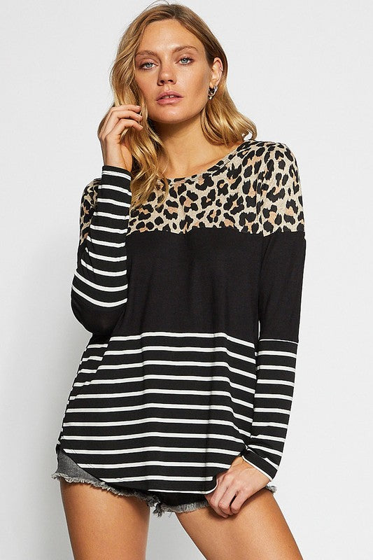 BiBi Leopard Color Block Striped Round Neck Long Sleeve Top