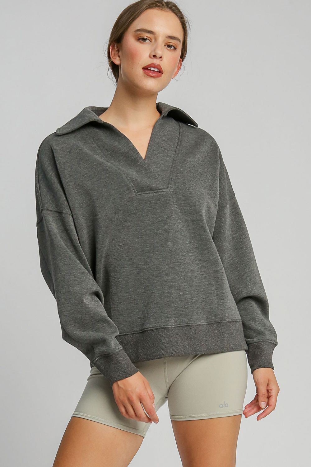 Umgee Johnny Collar Dropped Shoulder Sweatshirt in Charcoal Charcoal Shirts & Tops