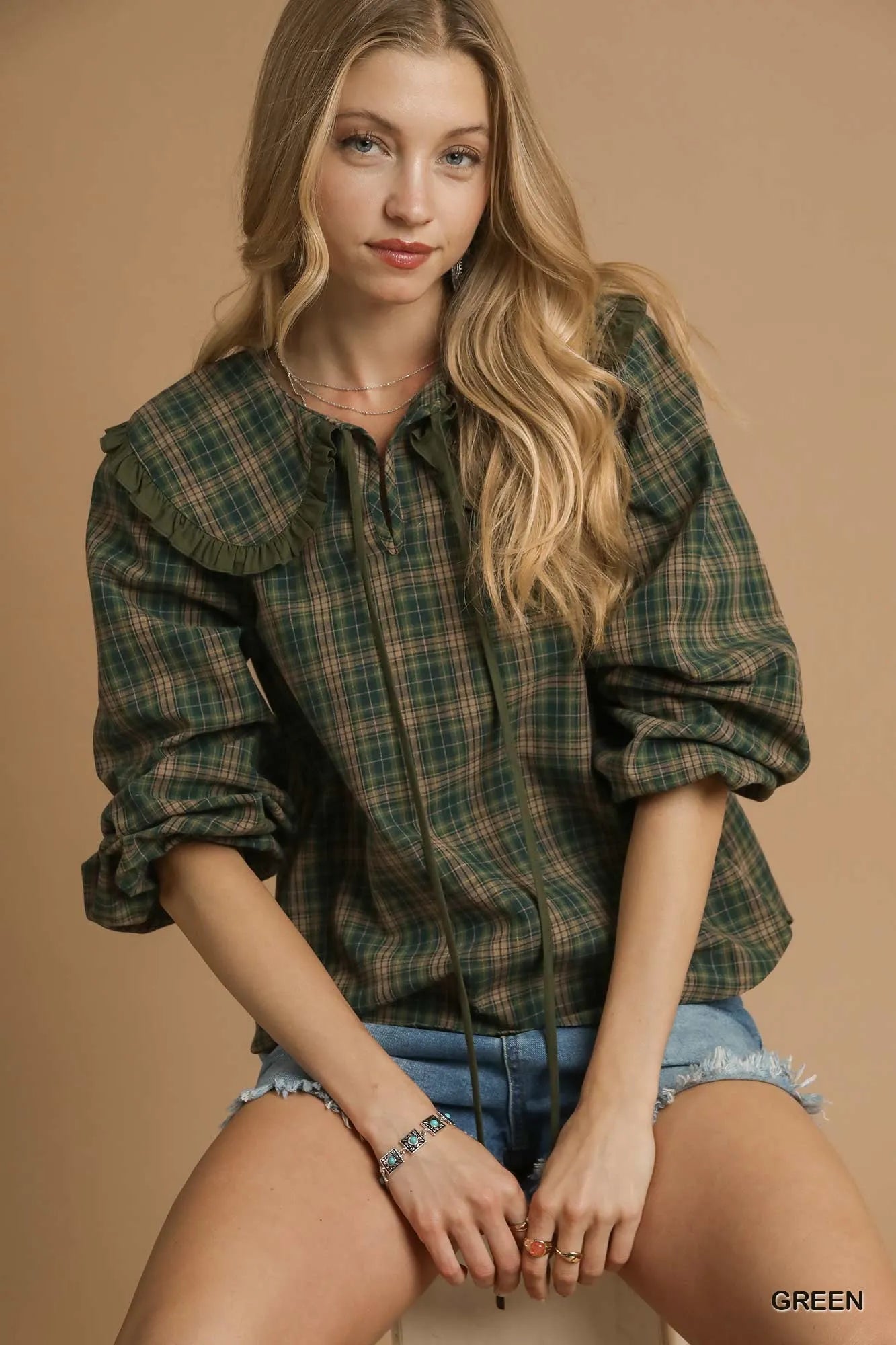 Umgee Green Plaid Ruffle Collar Blouse Green