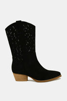 Beast Fashion Black Faux Suede Laser Cut Detail Block Heel Boots Black Shoes