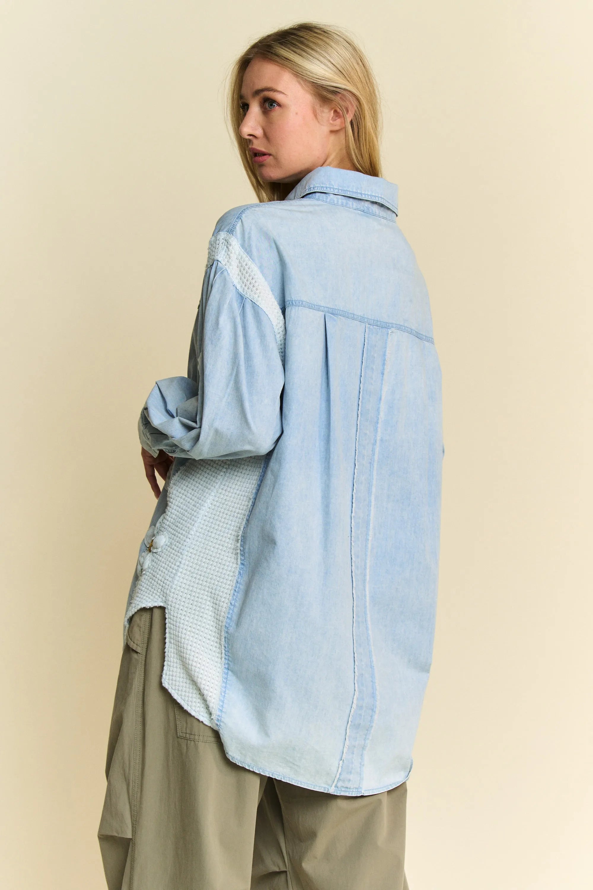 Davi & Dani Lightweight Denim Washed Daisy Patch Waffle Knit Shirt