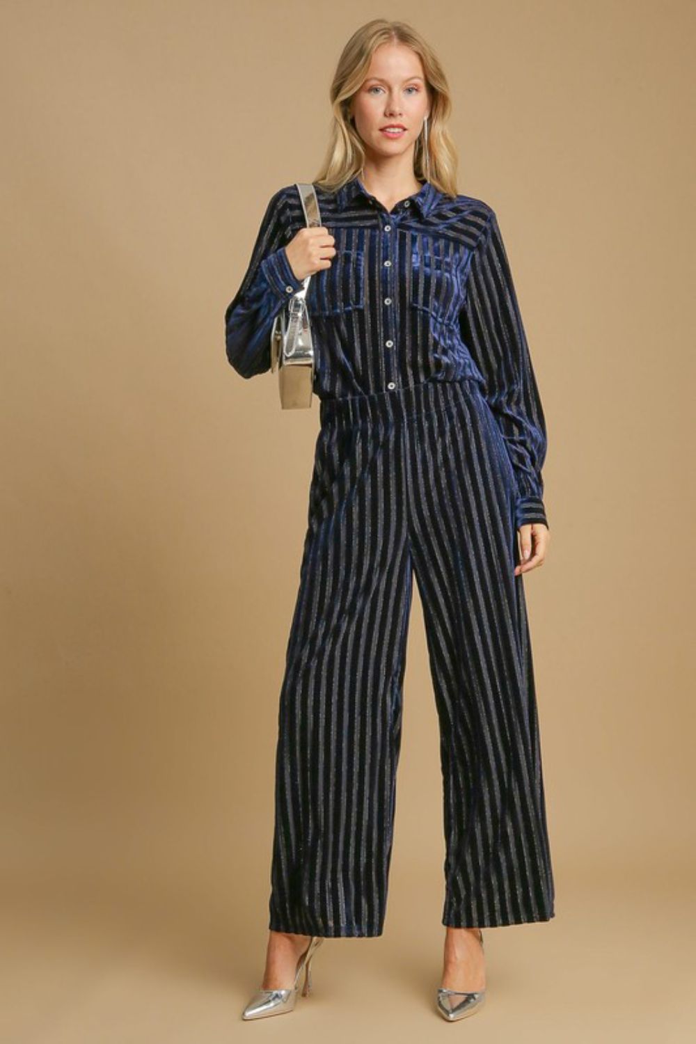 Umgee Navy Elastic Waist Striped Wide Leg Velvet Pants Pants