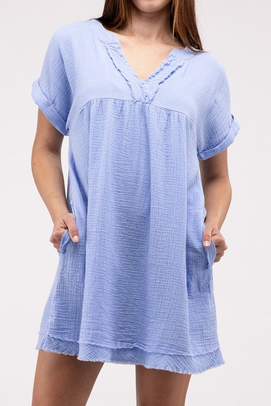 Zenana Gauze Rolled Short Sleeve Raw Edge V-Neck Dress SPRING BLUE ZENANA