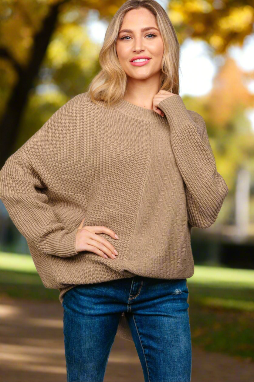 Haptics Taupe Side Slit Textured Asymmetric Sweater Taupe Trendsi