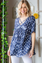 Heimish Navy Short Sleeve Crisscross Star Babydoll Top Trendsi