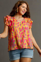 Umgee Tangerine Abstract Print V-Neck Double Layer Ruffle Sleeve Blouse