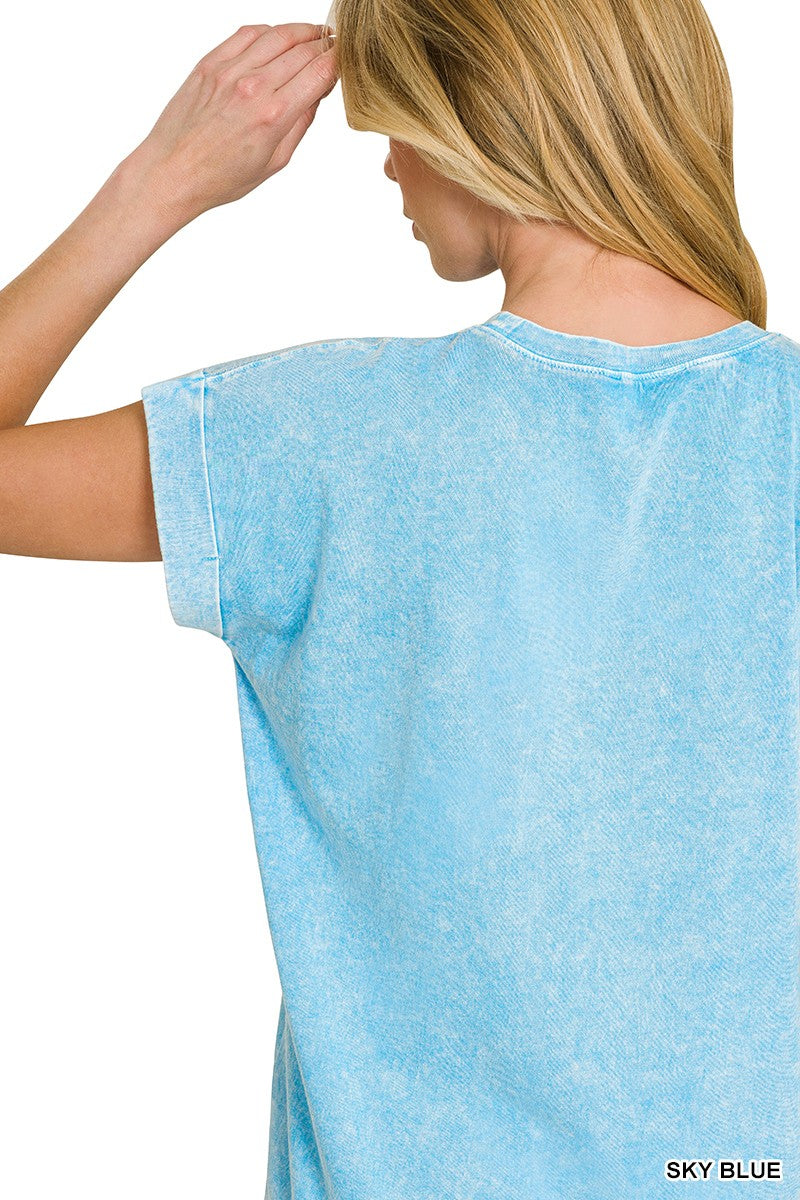Zenana Sky Blue Halo Snow Washed Cuffed Short Sleeve Tee