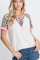 Heimish Ivory Leopard Round Neck Short Sleeve T-Shirt with Stitch