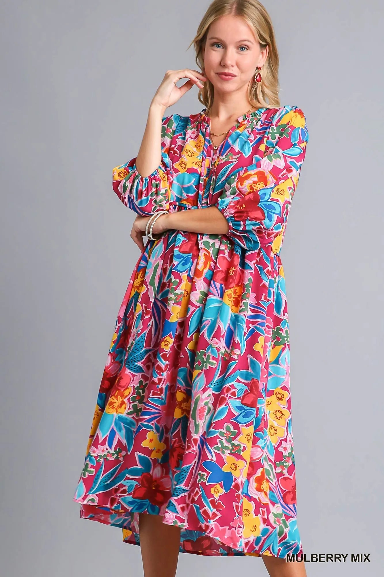 Umgee Mulberry Mix Floral Print Tie Neck Midi Dress with Pockets MULBERRY MIX