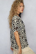 POL Black & Beige Openwork Short Sleeve Crochet Knit Top with Weave Knit Patterns