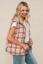 Haptics Taupe/Caramel Snap Button Down Plaid Quilted Vest Jacket