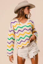 BiBi Mardi Gras Wavy Stripes V-Neck Sweater
