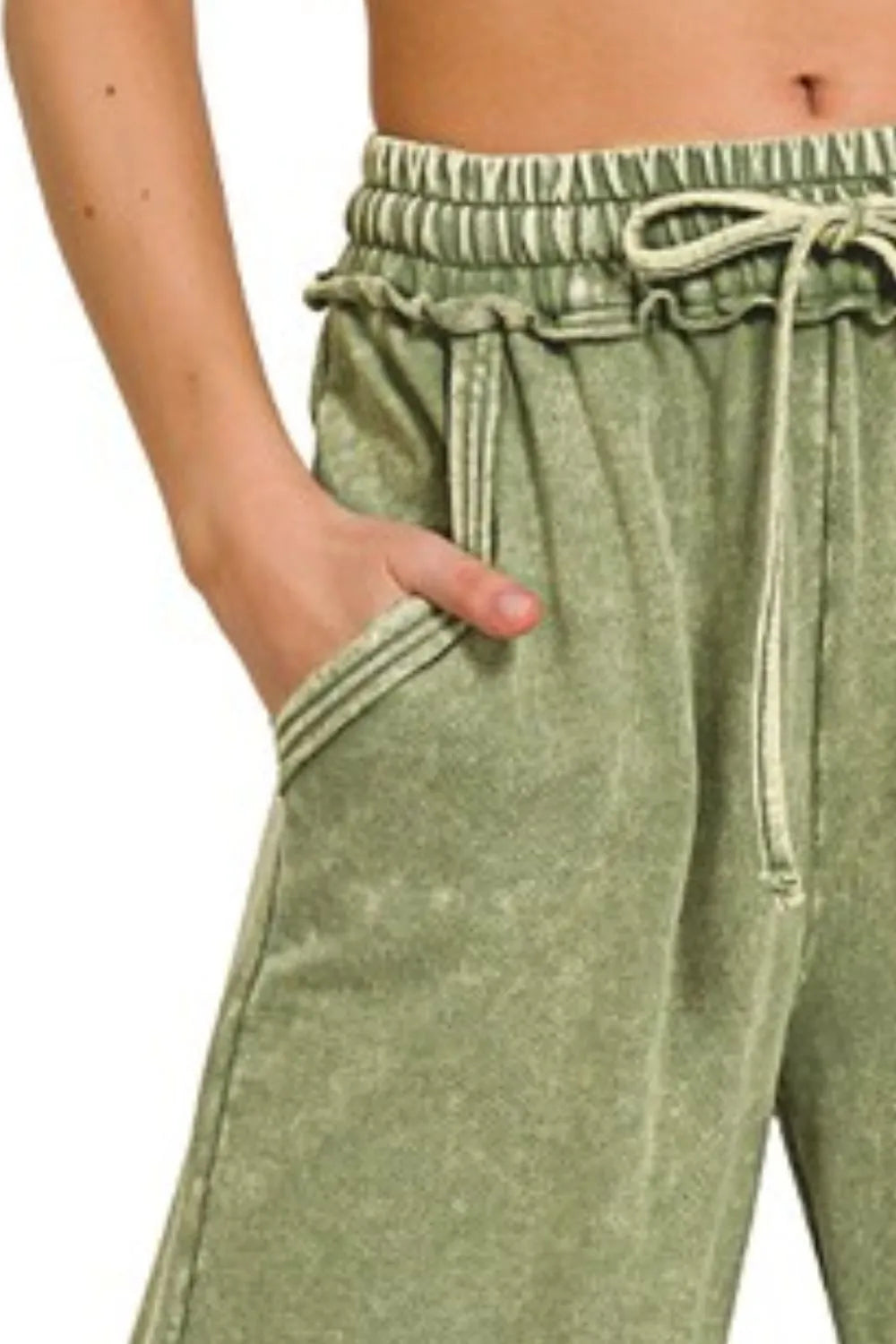 Zenana Light Olive Washed French Terry Palazzo With Pockets