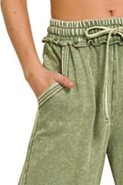 Zenana Light Olive Washed French Terry Palazzo With Pockets