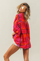 BiBi Fuchsia Button Up Dolman Sleeve Plaid Shirt Trendsi