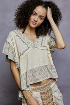 POL Floral V-Neck Short Sleeve Ruffled Double Gauze Blouse with Embroidery Detail NATURAL