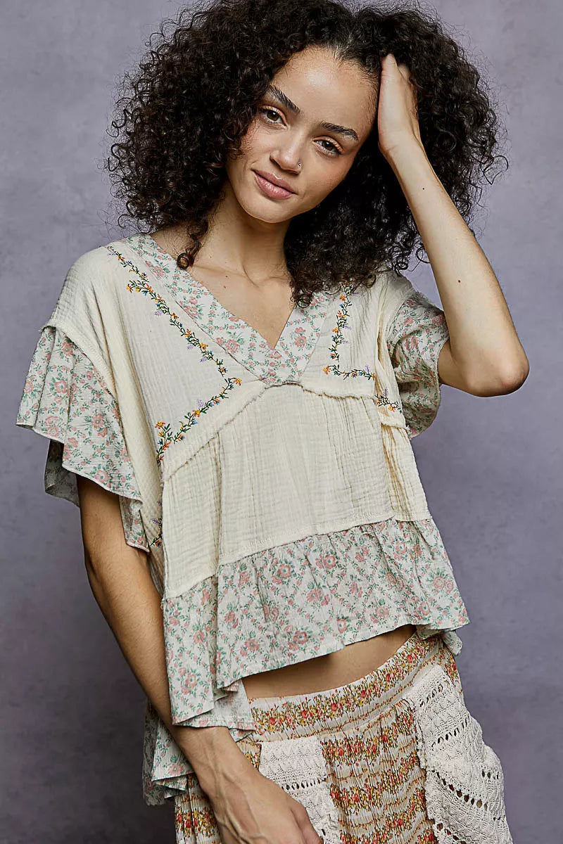 POL Floral V-Neck Short Sleeve Ruffled Double Gauze Blouse with Embroidery Detail NATURAL