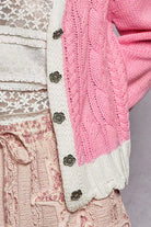 POL Baby Pink Button Down Cable-Knit Cardigan with Contrast Border Accents