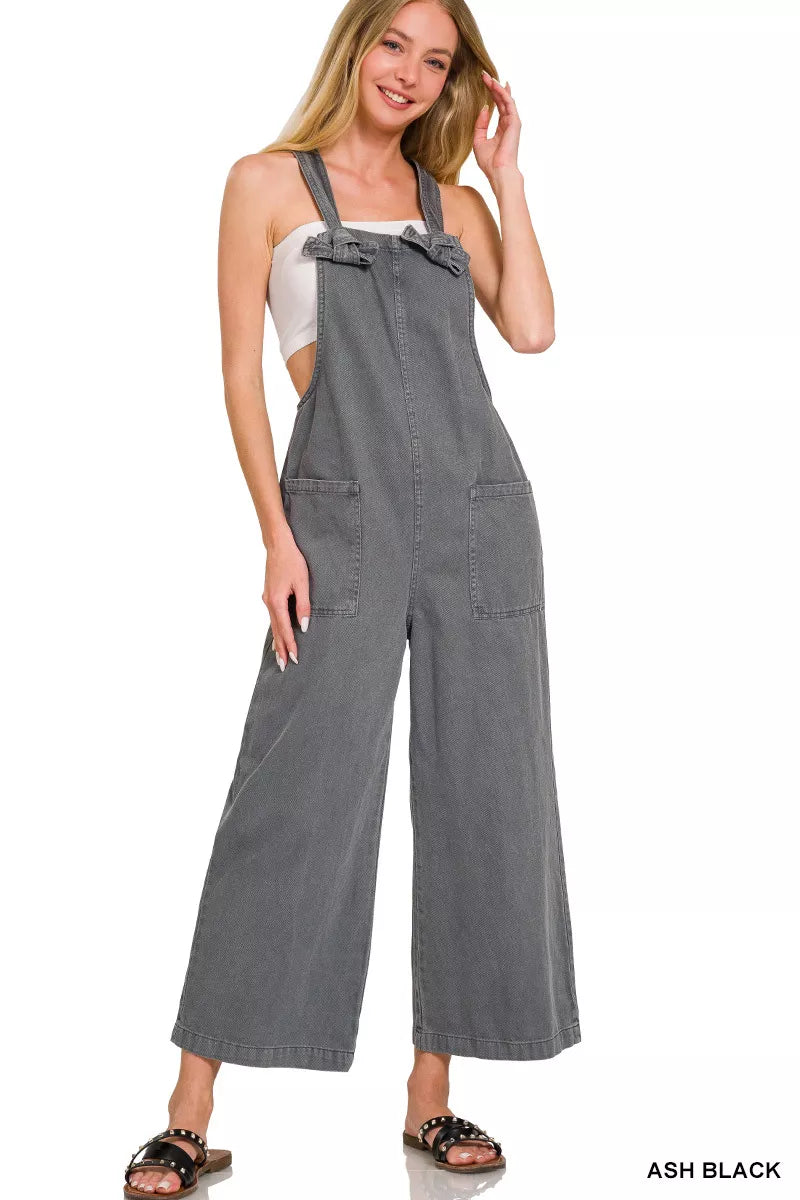 Zenana Ash Black Washed Knot Strap Pockets Jumpsuit