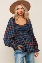 Haptics Navy & Hunter Green Smocking V-Neck Babydoll Plaid Woven Top