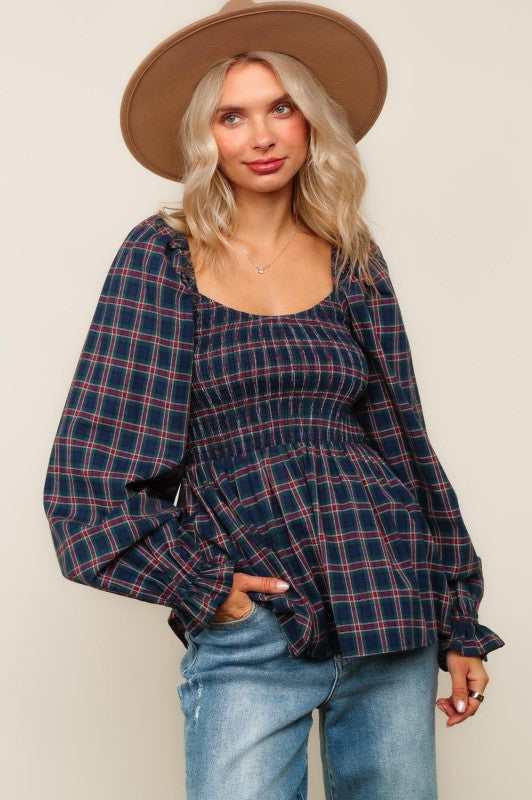 Haptics Navy & Hunter Green Smocking V-Neck Babydoll Plaid Woven Top