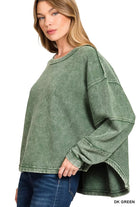 Zenana Dark Green Acid Washed Double Ribbed Exposed-Seam Sweatshirt