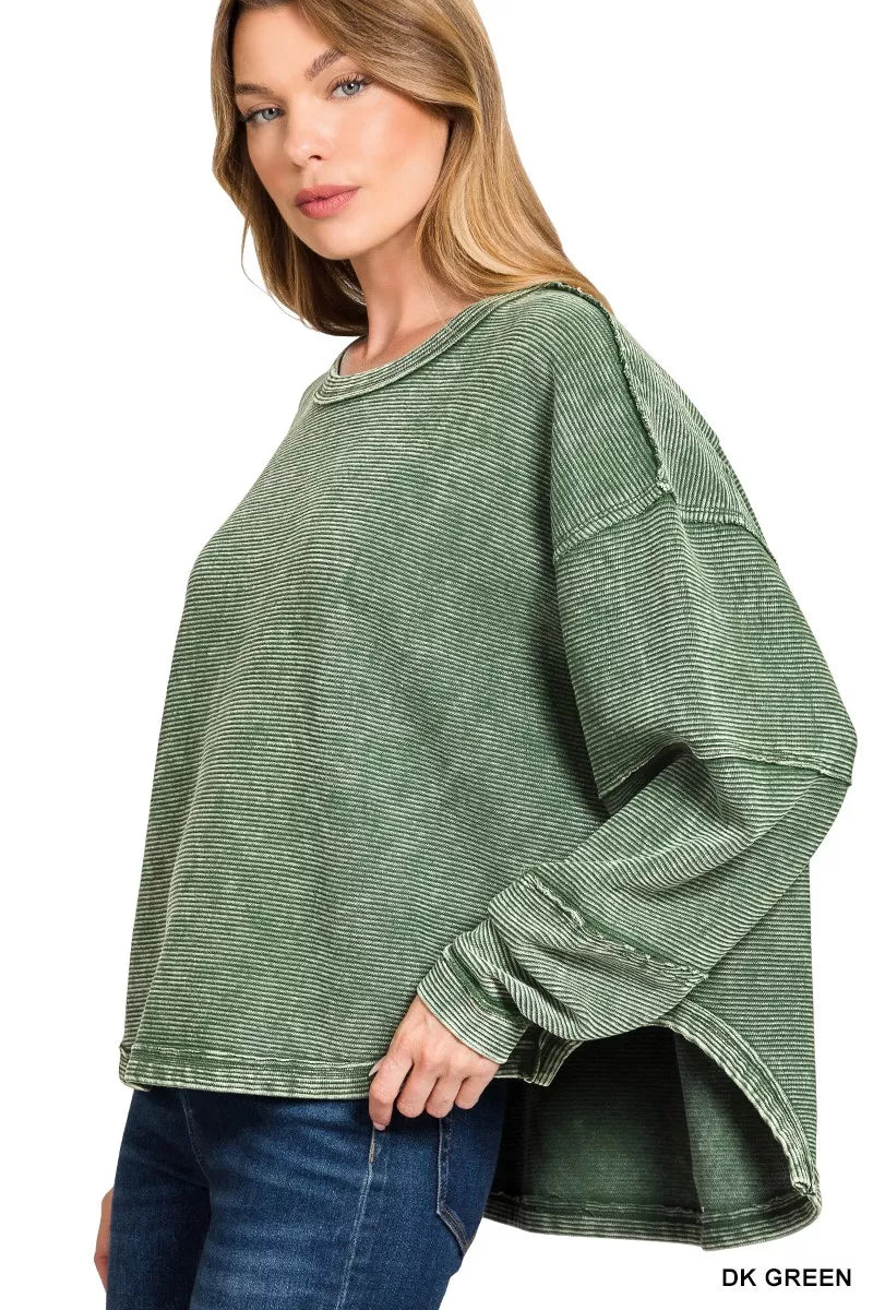 Zenana Dark Green Acid Washed Double Ribbed Exposed-Seam Sweatshirt