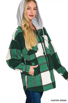 Zenana Hunter Green Plaid Drawstring Hooded Fleece Shacket