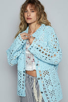 POL Pastel Blue Crochet Button Up Cardigan with Chest Patch Pockets