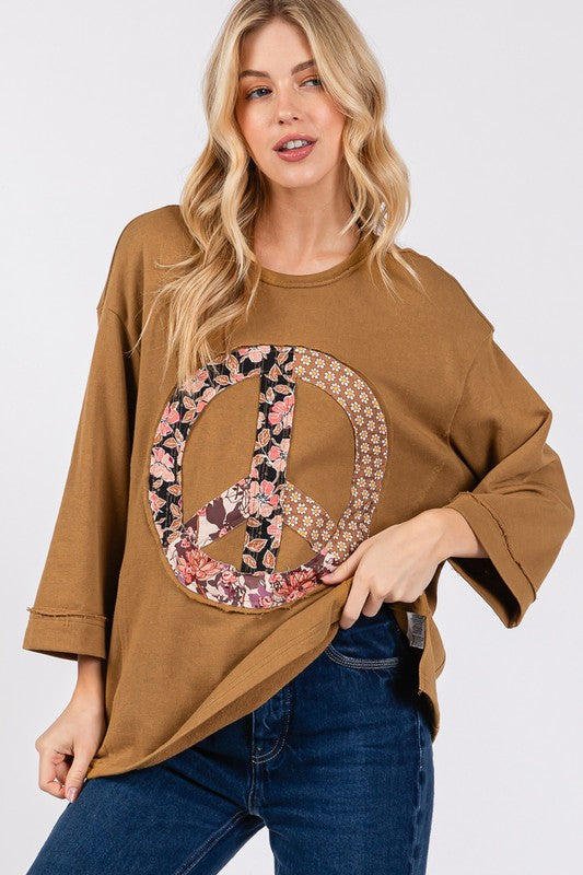 SAGE + FIG Caramel Floral Peace Patch Round Neck Top Shirts & Tops