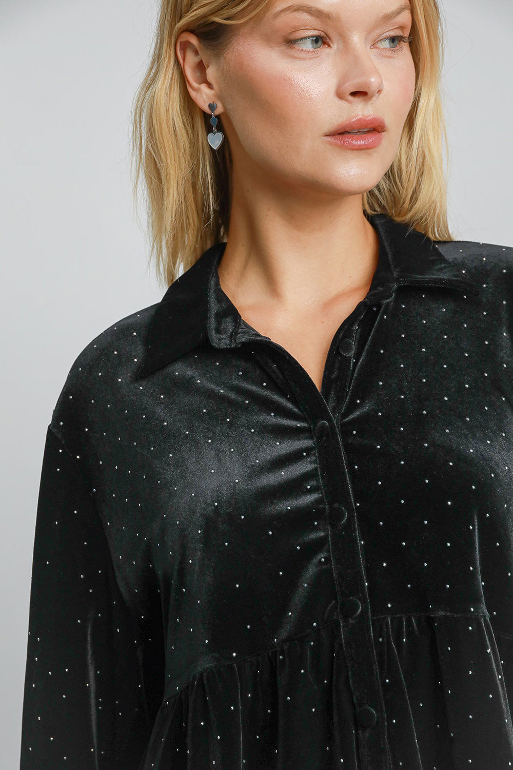 Umgee Black Velvet Beaded Button Up Half Sleeve Tunic