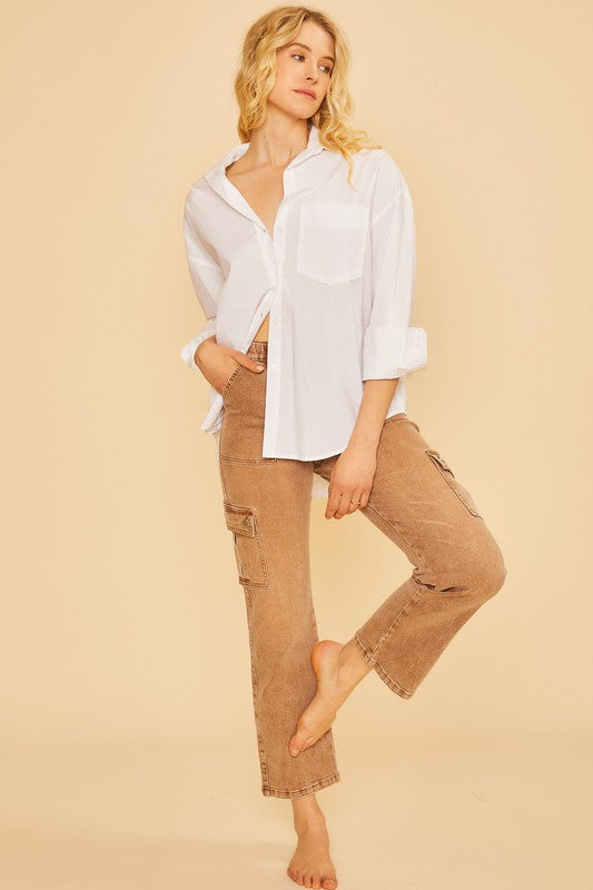 Annie Wear Camel Washed Straight Leg Stretch Jeans with Cargo Pockets