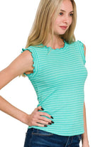 Zenana Mint & White Ribbed Ruffle Trim Sleeveless Stripe Top