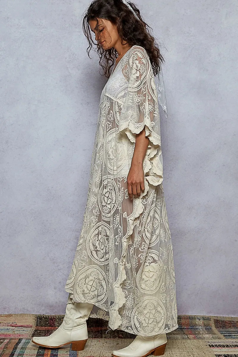 POL V Neck Short Sleeve Lace Embroidered Dress