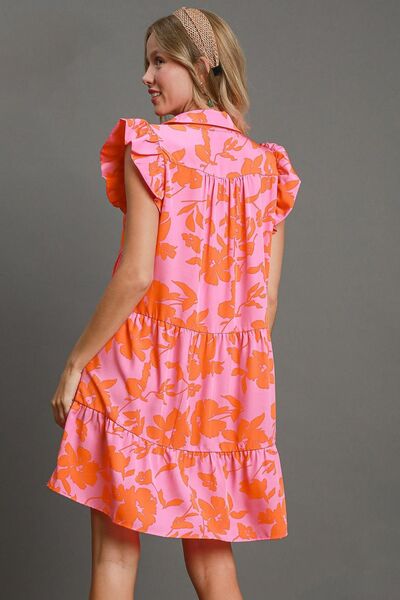 Umgee Pink & Orange Floral Print Ruffle Cap Sleeve Tiered Dress