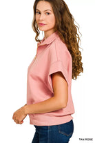 Zenana Tan Rose Scuba High Neck Half Zip Short Sleeve Top