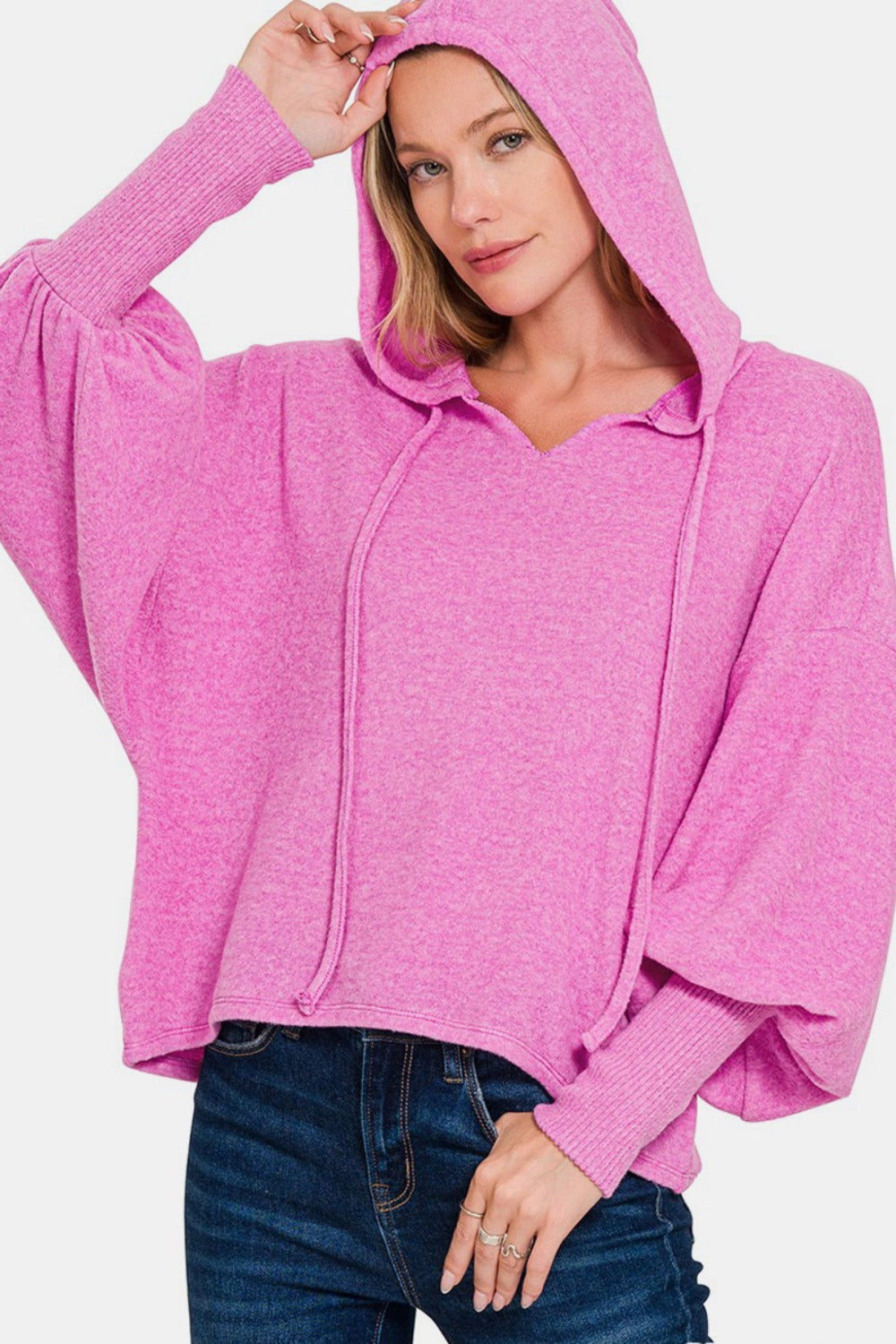 Zenana Bright Mauve Brushed Hacci Drop Shoulder Cropped Hoodie Bright Mauve Shirts & Tops