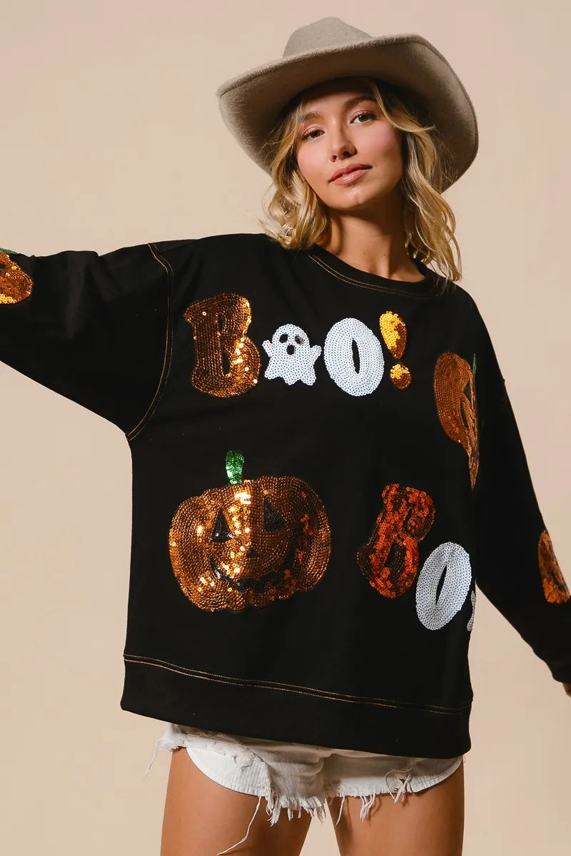 BiBi Black Halloween Theme Sequin Embroideries Sweatshirt