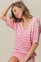 BiBi Light Pink/Dark Pink Stripe Short Sleeves Collared V Neck Top