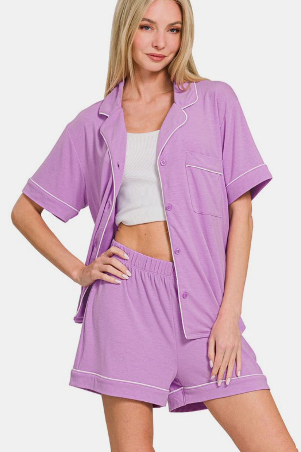 Zenana Heliotrope Purple Button Down Short Sleeve Top and Shorts Lounge Set Loungewear