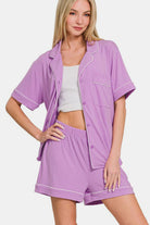 Zenana Heliotrope Purple Button Down Short Sleeve Top and Shorts Lounge Set Loungewear