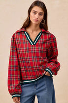 BiBi Christmas Red Plaid Collared Top with Ruffled Detail
