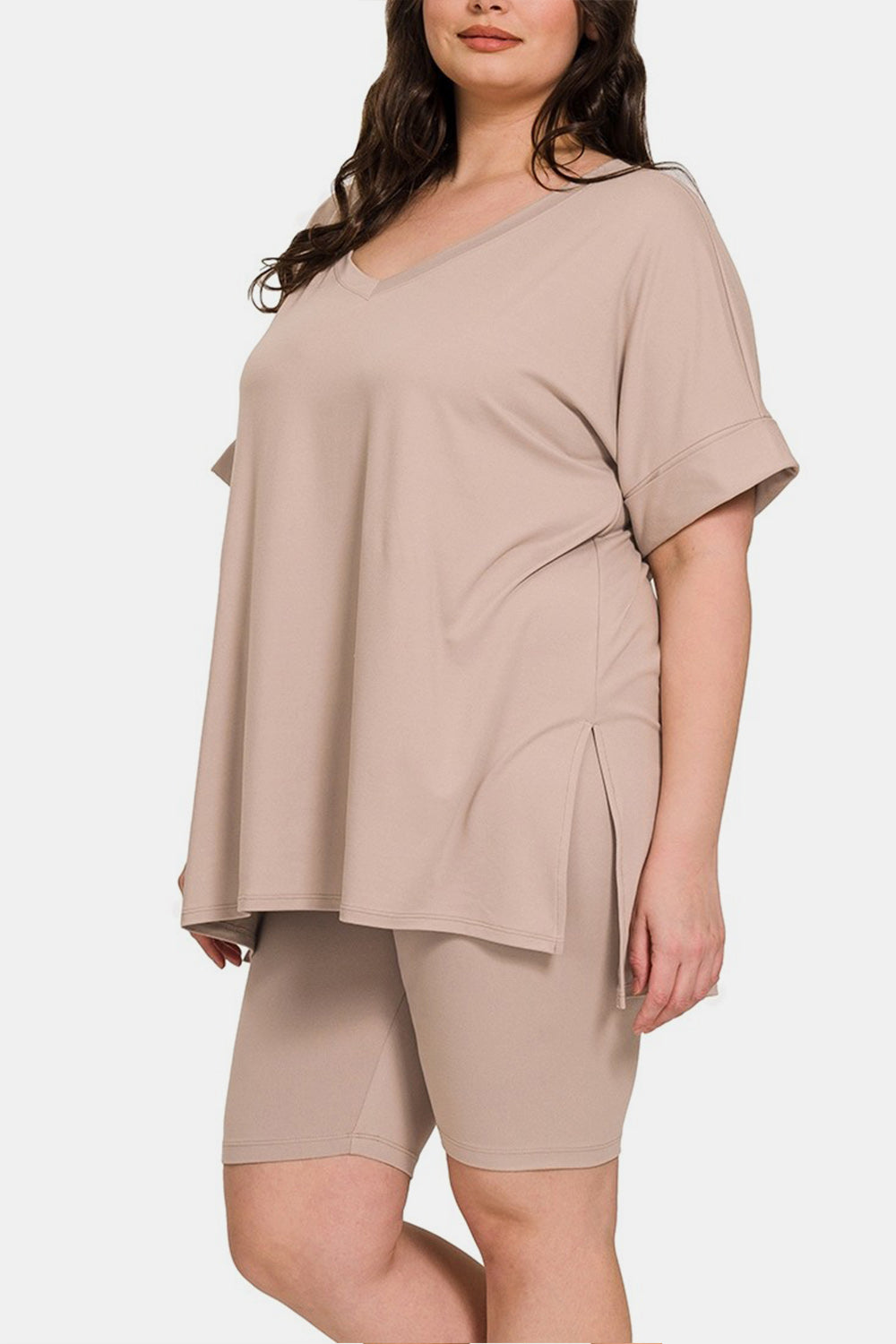 Zenana Ash Mocha V-Neck Short Sleeve Slit T-Shirt and Shorts Set