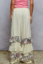 POL Drawstring Double Gauze Wide Leg Pants with Print and Lace Ruffle