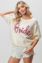 BiBi Ivory Bride Metallic Letter Short Puff Sleeve Hairy Sweater